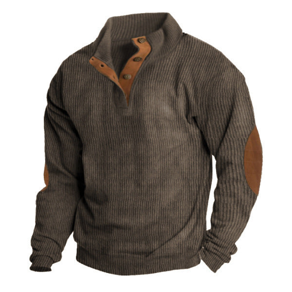 Herren nan strukturiertes Rugby-Pullover mit Stehkragen, Knopfleiste und Leder-Ellenbogenpatches Echo Archiv