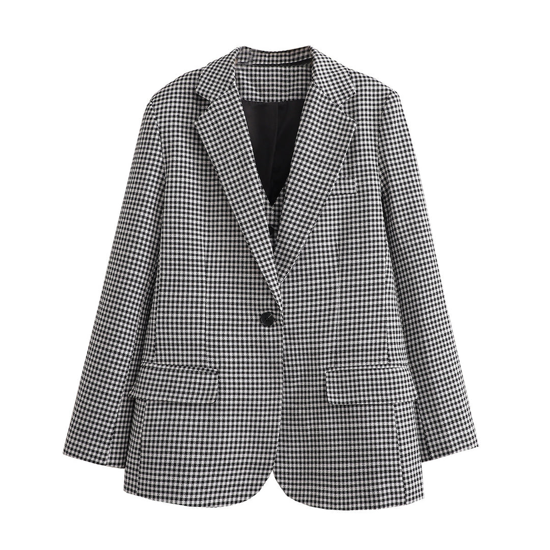 Damen Oversize Hahnentritt Blazer mit Ein-Knopf-Verschluss und Pattentaschen – Valéne