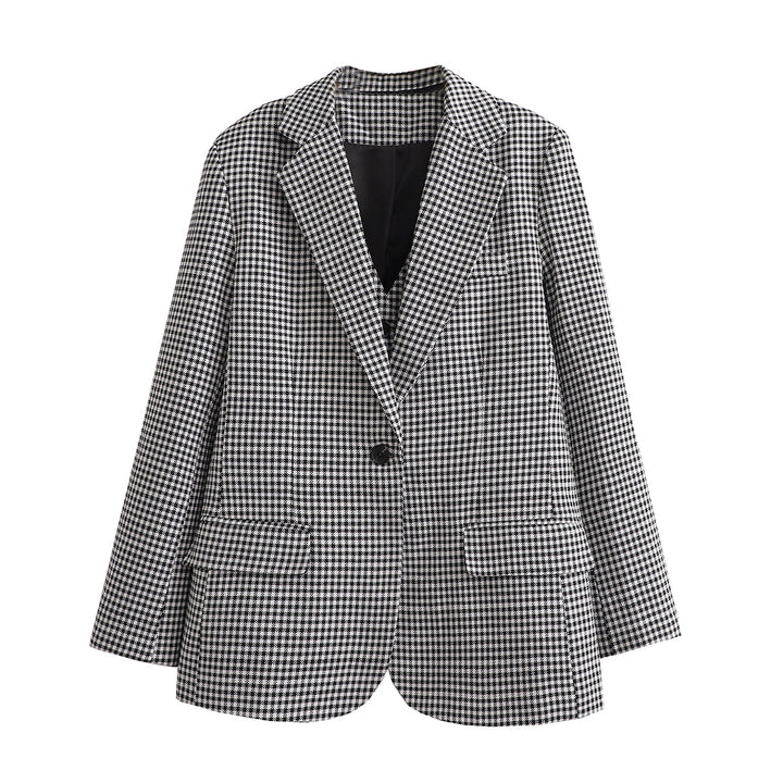 Damen Oversize Hahnentritt Blazer mit Ein-Knopf-Verschluss und Pattentaschen – Valéne
