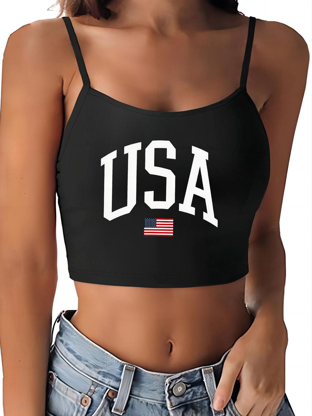 Damen Crop-Top mit motivierendem Statementdruck und feinen Spaghettiträgern Echo Archiv