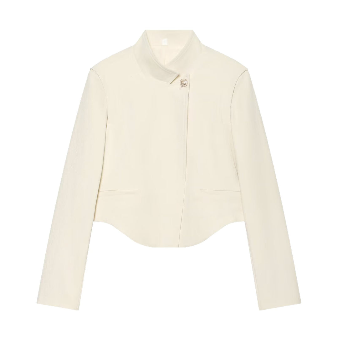 Damen Kurzer taillierter Blazer mit Stehkragen, asymmetrischer Knopfleiste und geschwungenem Saum Echoarchiv