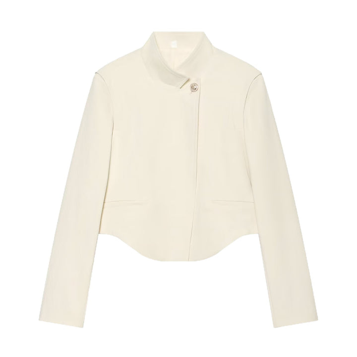 Damen Kurzer taillierter Blazer mit Stehkragen, asymmetrischer Knopfleiste und geschwungenem Saum Echoarchiv