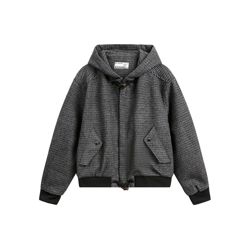 Unisex Kurz geschnittener Kapuzen-Blousonjacke im Strukturmix mit Knebelverschluss und Rippbündchen Echoarchiv