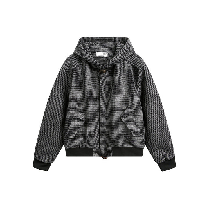 Unisex Kurz geschnittener Kapuzen-Blousonjacke im Strukturmix mit Knebelverschluss und Rippbündchen Echoarchiv