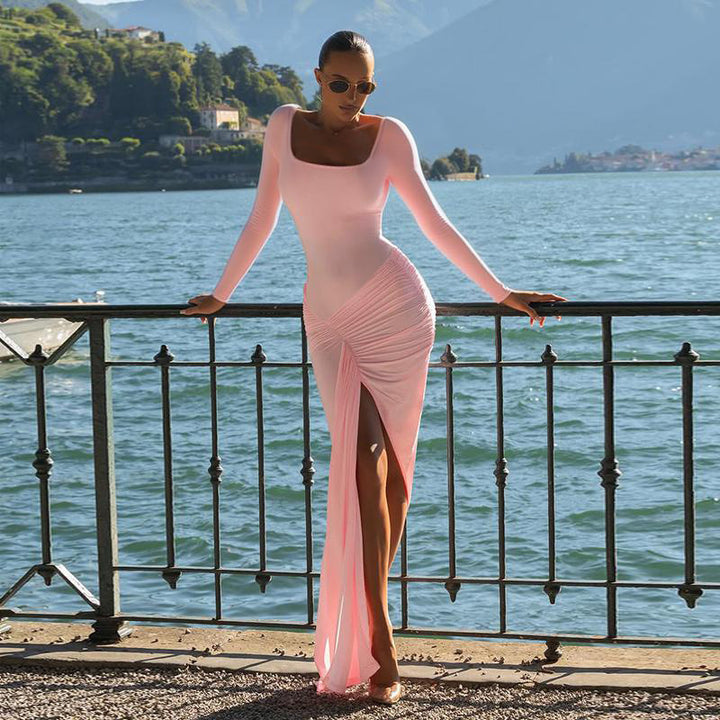 Damen figurbetontes Langarmkleid mit asymmetrischem Schlitz und Drapierungen Echo Archiv