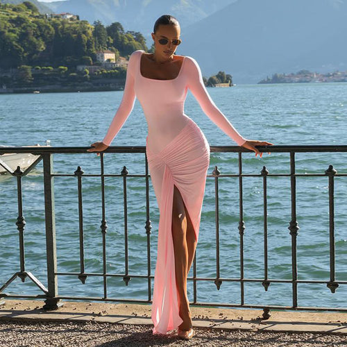 Damen figurbetontes Langarmkleid mit asymmetrischem Schlitz und Drapierungen Echo Archiv