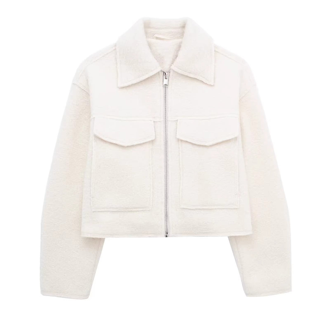 Damen Kurzgeschnittene Sherpa-Jacke mit Reißverschluss und aufgesetzten Pattentaschen Echoarchiv