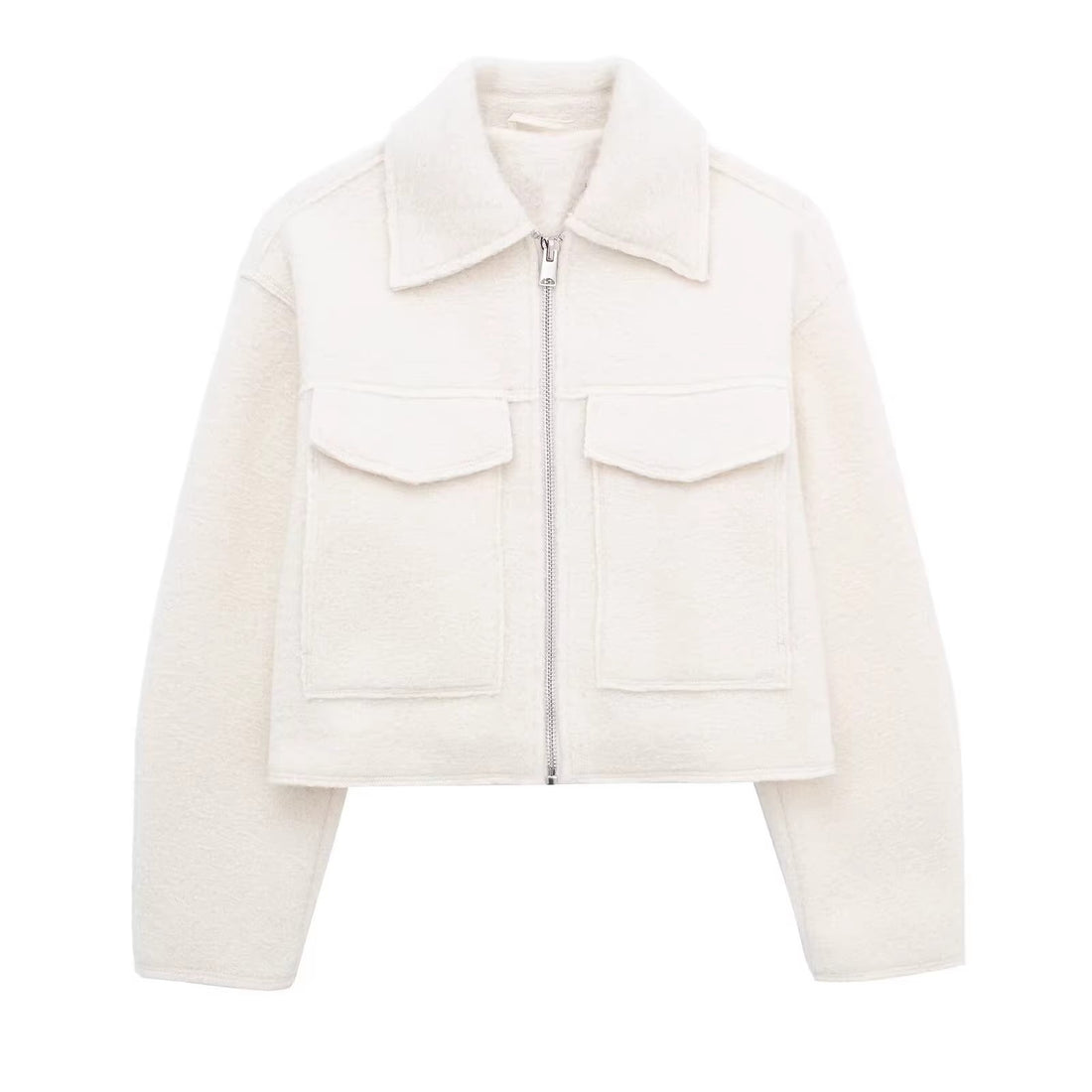 Damen Kurzgeschnittene Sherpa-Jacke mit Reißverschluss und aufgesetzten Pattentaschen Echoarchiv