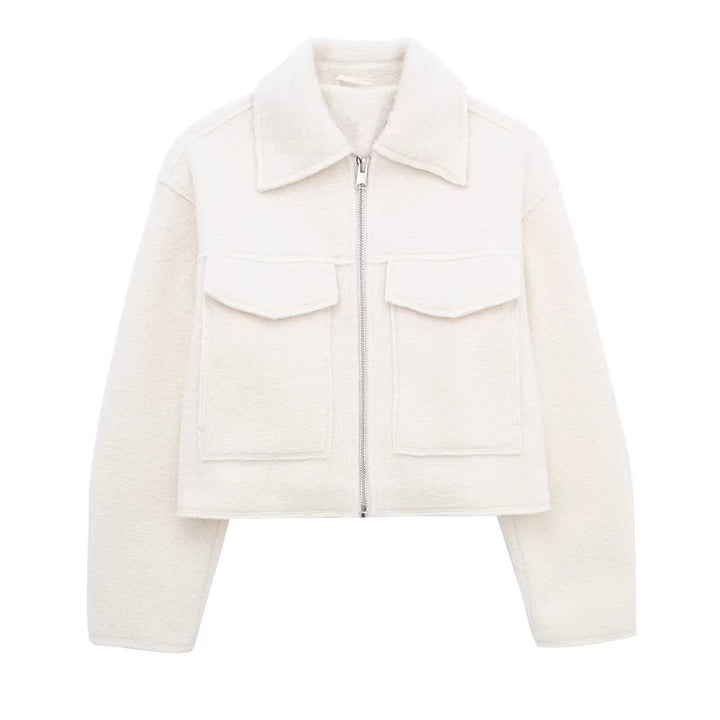 Damen Kurzgeschnittene Sherpa-Jacke mit Reißverschluss und aufgesetzten Pattentaschen Echoarchiv