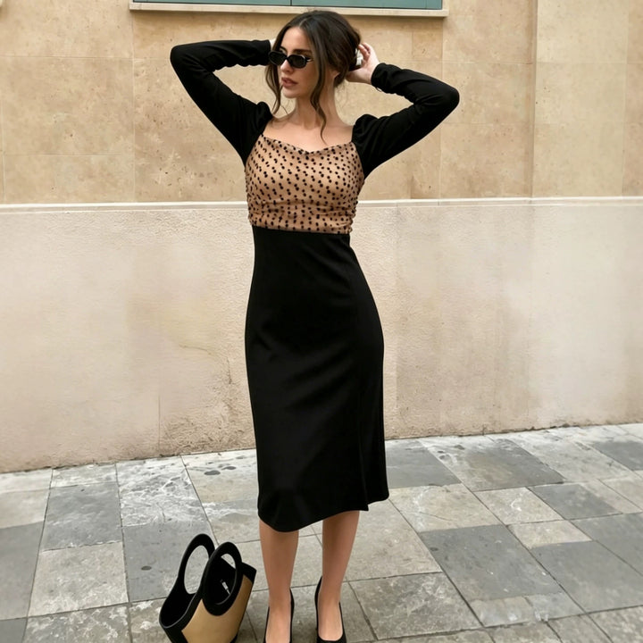 Damen Figurbetontes Midikleid mit Puffärmeln und transparentem Tupfen-Organza-Rückenteil – Élara