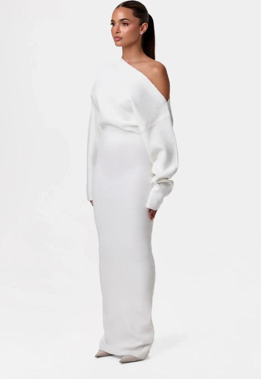 Damen One-Shoulder Maxi Strickkleid mit Übergroßen Ärmeln Echoarchiv
