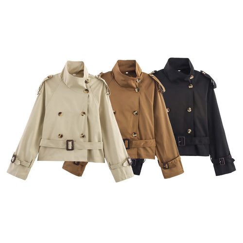 Damen kurz geschnittener Trenchcoat im Cropped-Stil mit doppelreiher, Schulterklappen und Taillengürtel – Montévia