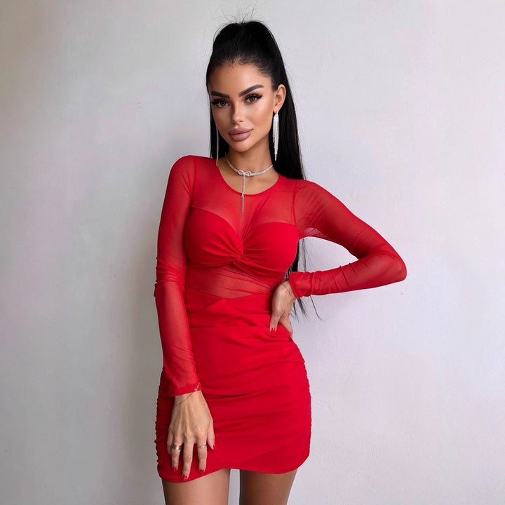 Damen figurbetontes Kleid mit langem Arm und raffiniertem Verknotungsdetail Echo Archiv