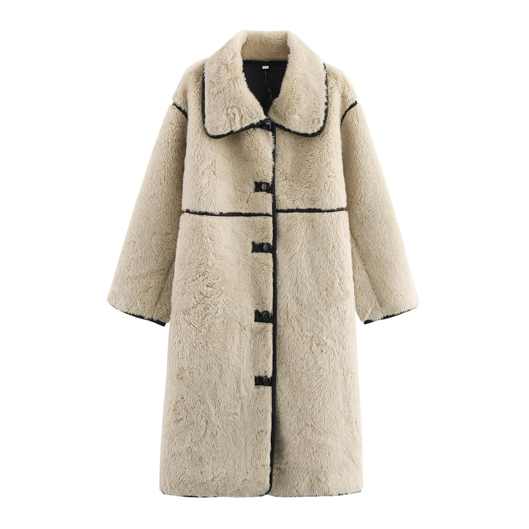 Damen langer Teddy-Mantel mit Knebelverschlüssen, kontrastierender Paspelierung und voluminösem Oversize-Kragen – Montévia