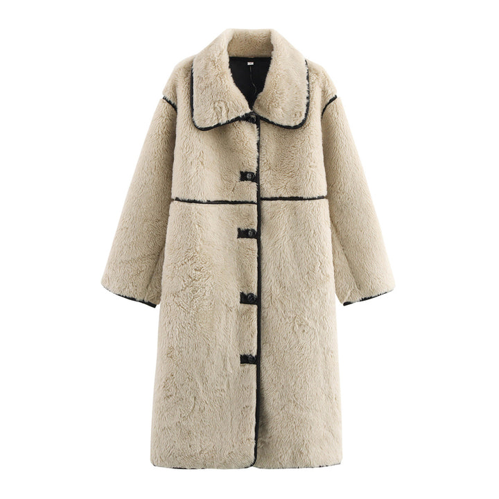 Damen langer Teddy-Mantel mit Knebelverschlüssen, kontrastierender Paspelierung und voluminösem Oversize-Kragen – Montévia