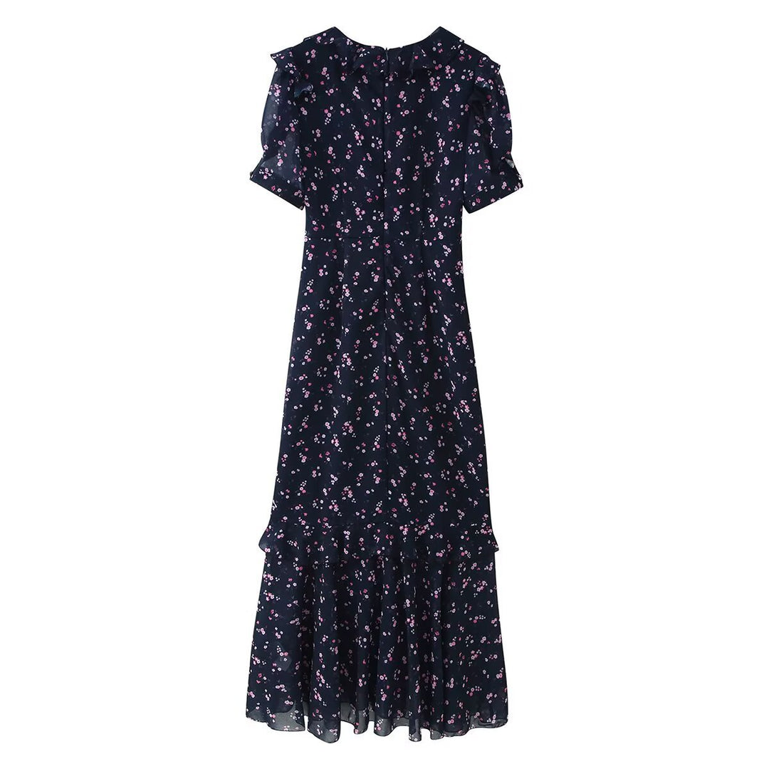 Damen Maxikleid mit Volants, V-Ausschnitt und floralem Chiffon-Look Echoarchiv