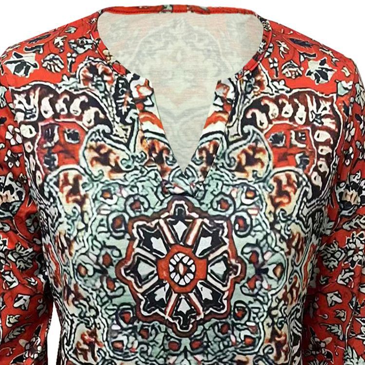 Damen Boho-Tunika-Bluse mit Mandala-Print, V-Ausschnitt und dreiviertel Ärmeln – Élovi