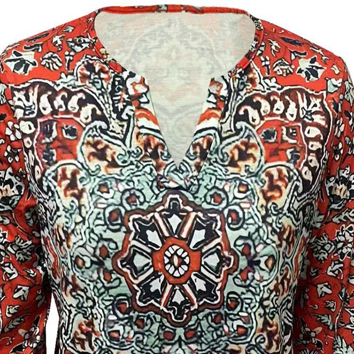 Damen Boho-Tunika-Bluse mit Mandala-Print, V-Ausschnitt und dreiviertel Ärmeln – Élovi