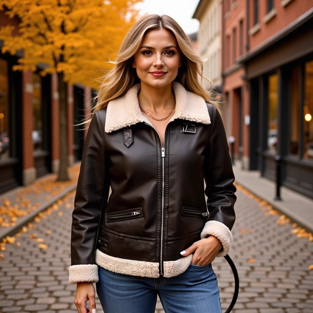 Damen Oversize-Fliegerjacke aus Kunstleder mit Teddykragen und Zipper-Taschen Echo Archiv