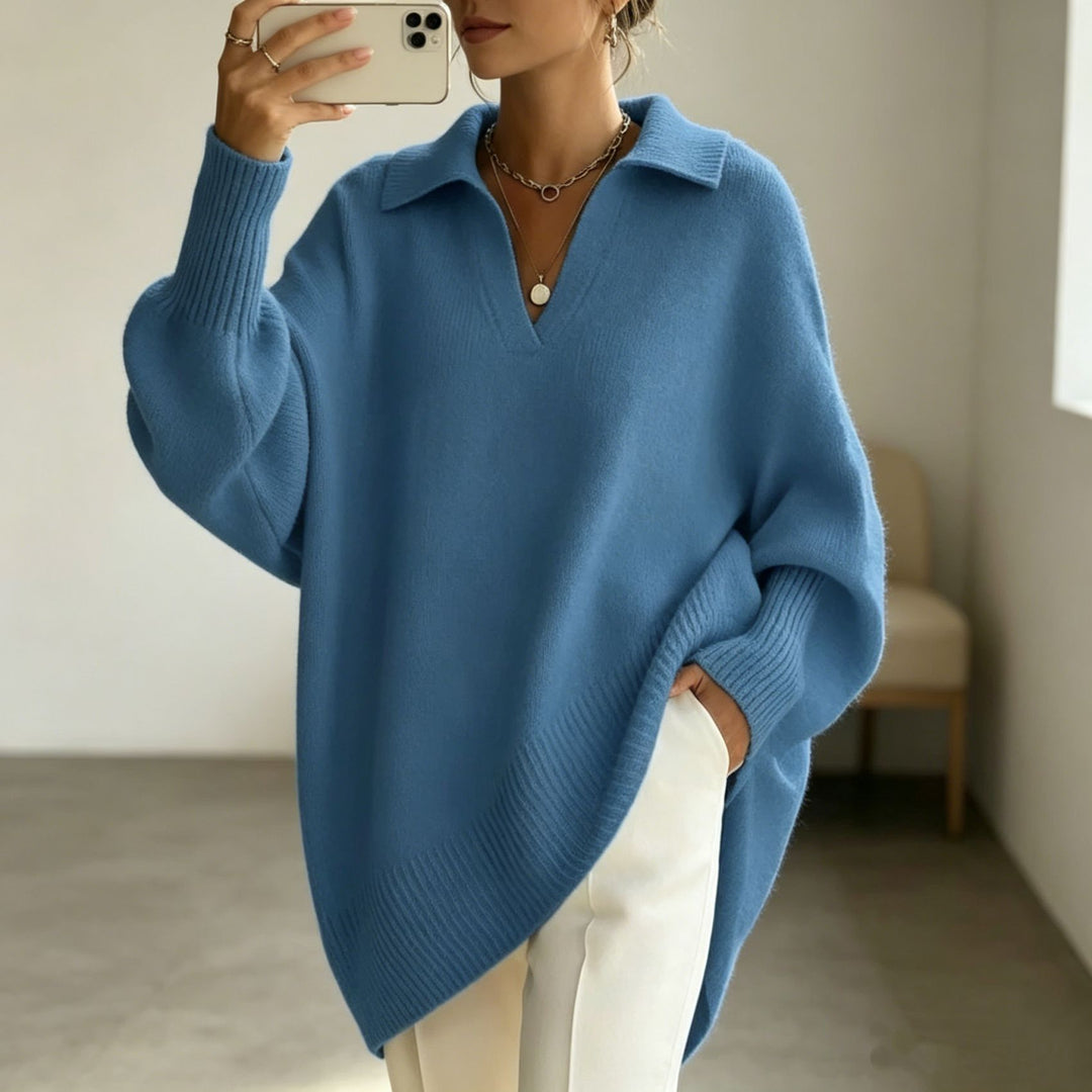 Damen Oversize-Polokragen V-Ausschnitt Strickpullover mit Ballonärmeln – Mavelle