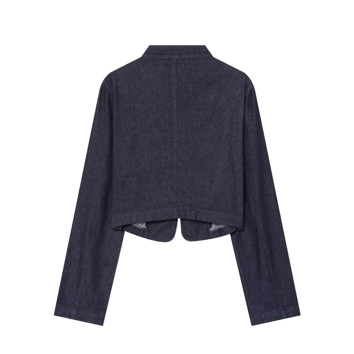Damen kurze Denim‑Militärjacke mit Stehkragen und dekorativer Zierknopfleiste Echo Archiv