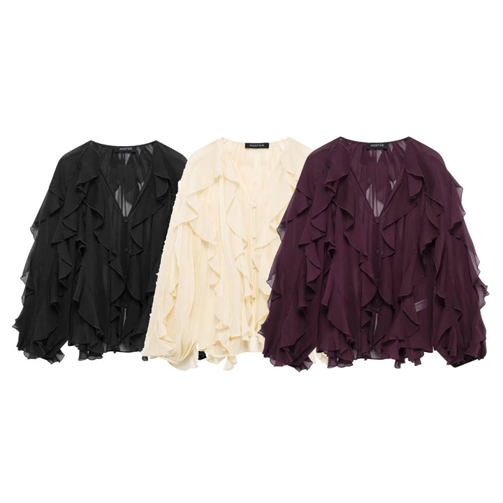 Damen Chiffon-Bluse mit vielfachen Volant-Rüschen und Knopfleiste Echo Archiv