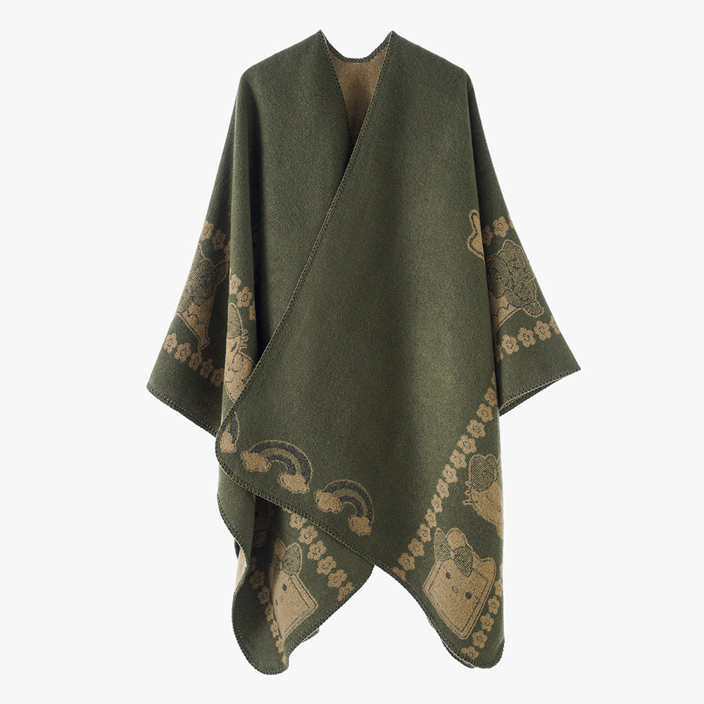 Damen Oversize-Poncho mit Jacquard‑Tiermotiv und asymmetrischem Zipfelsaum Echo Archiv