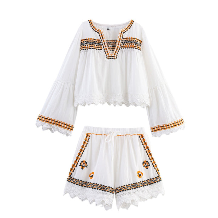 Damen Bestickte Boho-Bluse mit weiten Glockenärmeln und Spitzensaum Echoarchiv