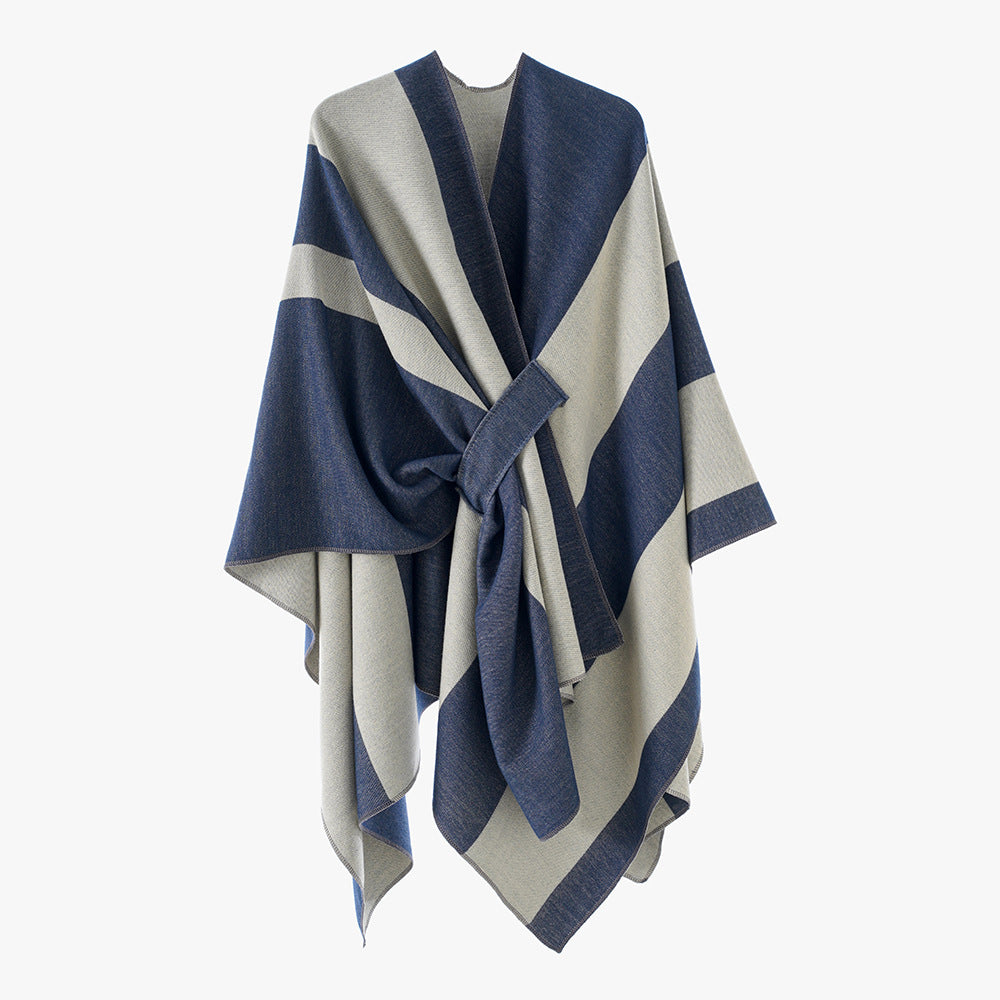 Damen Wickel‑Cape mit breitem Streifenmuster und Bindegürtel – Avérine