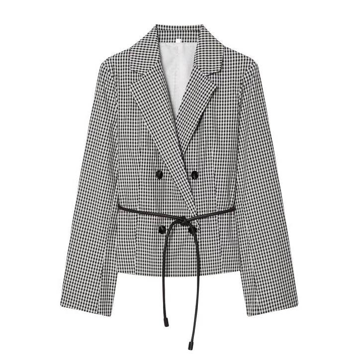 Damen Karo-Cropped-Blazer mit doppelreihiger Knopfleiste und Tunnelzugbindegürtel Echo Archiv