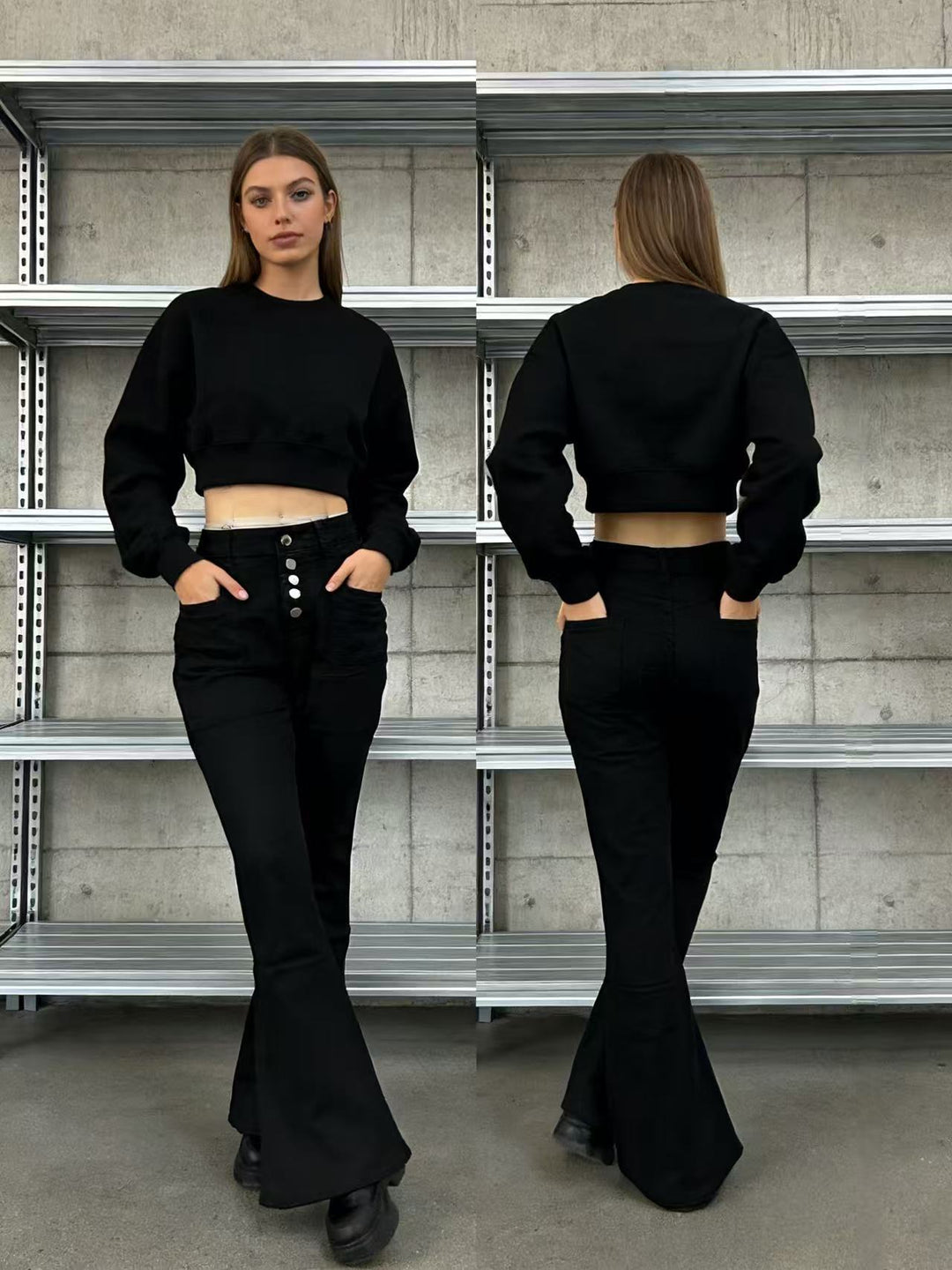 Damen Flared Jeans mit Knopfdetail und hohem Bund Echo Archiv