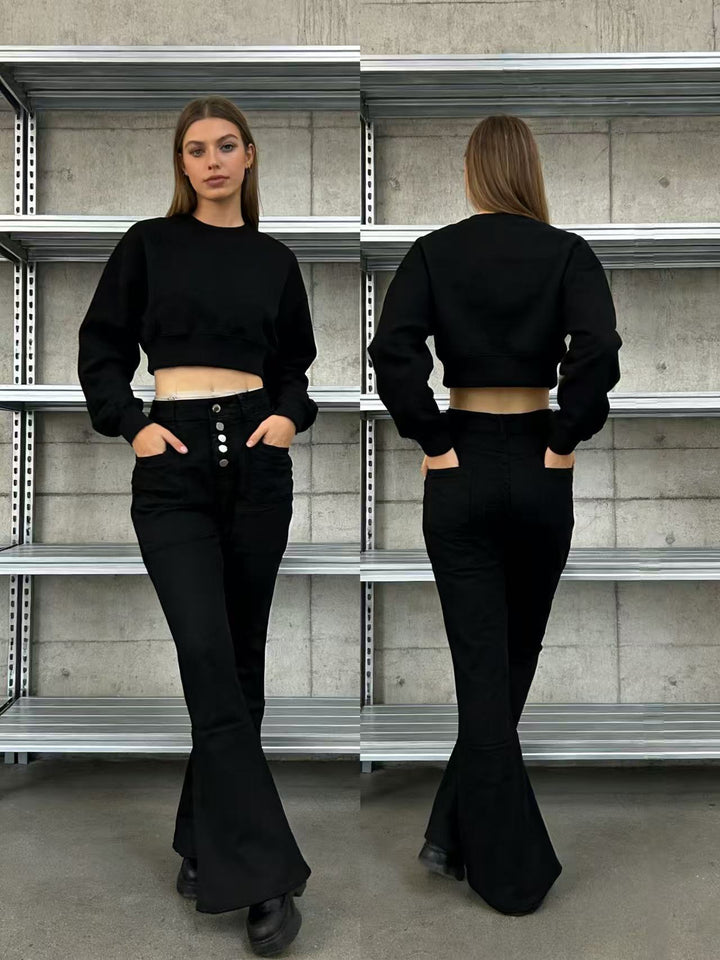 Damen Flared Jeans mit Knopfdetail und hohem Bund Echo Archiv