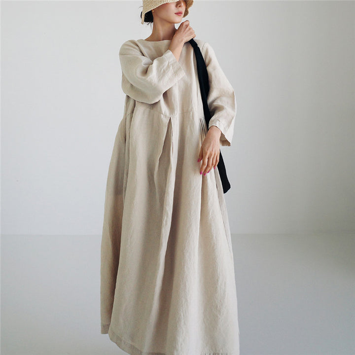 Damen Maxi-Kleid aus Leinen mit Teilnaht, sanften Faltenfall und Langarm – Valéora