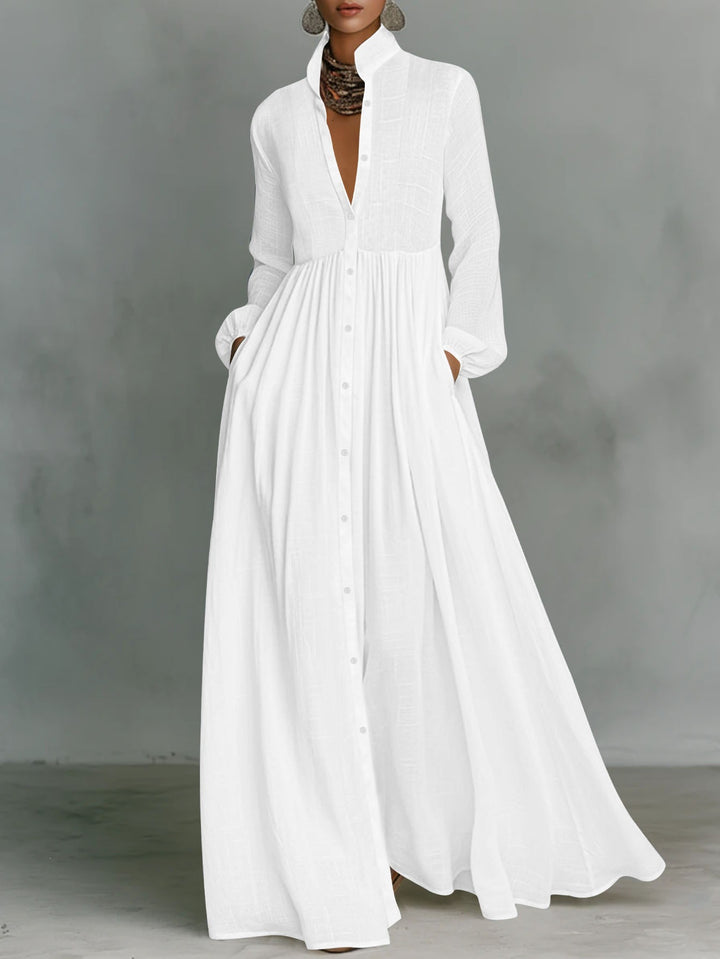Damen Maxikleid mit Stehkragen, durchgehender Knopfleiste, taillenhoher Raffung und Eingrifftaschen – Valéora