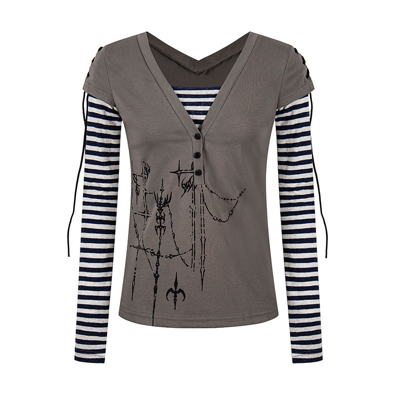 Damen Lagen-Langarmshirt mit V-Ausschnitt, Streifen-Innenlayer und Schnürdetail Echoarchiv