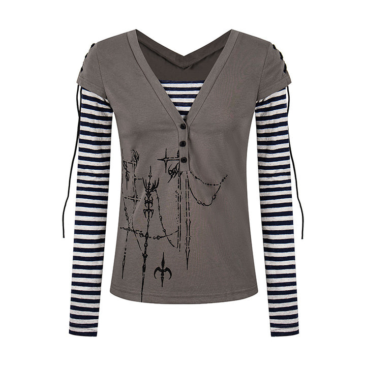 Damen Lagen-Langarmshirt mit V-Ausschnitt, Streifen-Innenlayer und Schnürdetail Echoarchiv