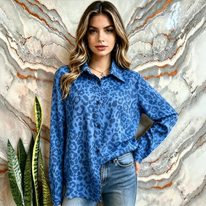 Damen Satin-Leopardenmuster Button-Up Bluse Echoarchiv