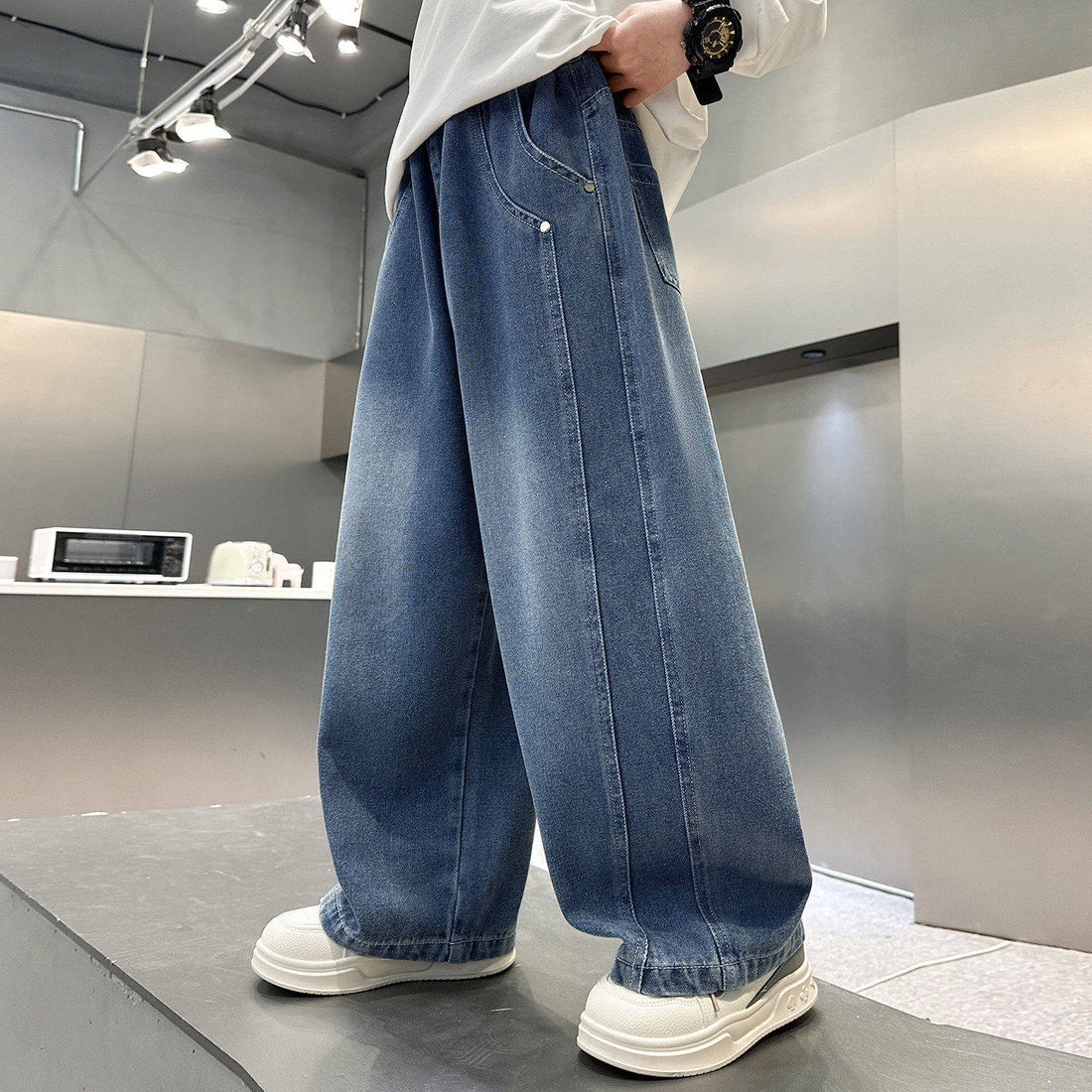 Damen lässige weite Denim-Hosen mit hohem Bund – Dénora