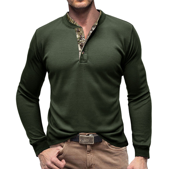 Herren Langarm-Henley-Pullover mit modischem Kragen und strukturierter Oberfläche Echoarchiv
