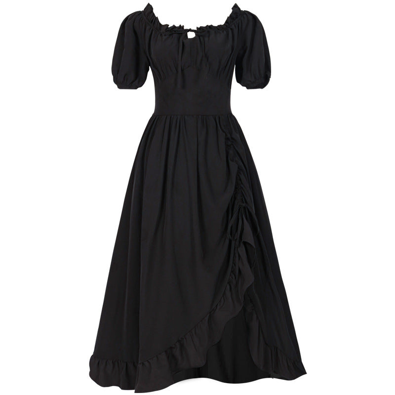 Damen romantisches Maxikleid mit Carmen-Ausschnitt, Puffärmeln, tailliertem Mieder und seitlicher Raffung – Valéora