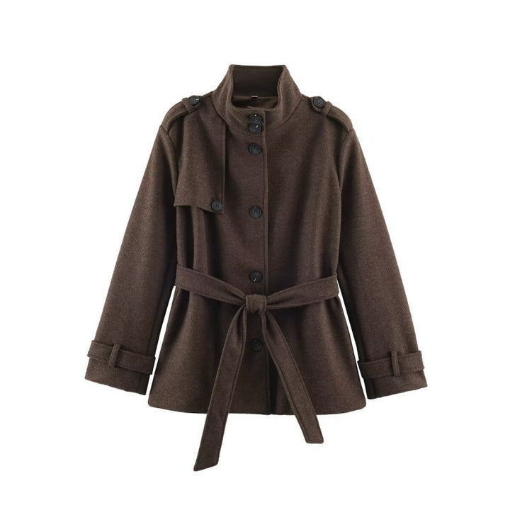 Damen kurze taillierte Manteljacke aus Wollmix mit Stehkragen, Schulterpatten und Bindegürtel Echo Archiv