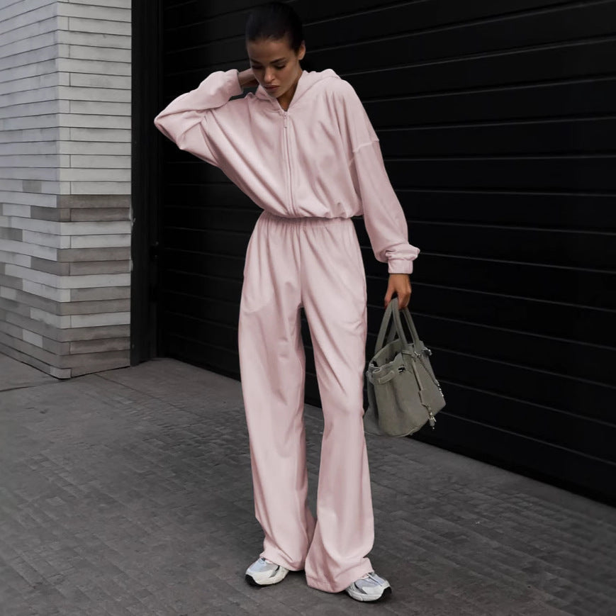Damen Kapuzen-Jumpsuit mit weitem Bein elastischer Taille und Frontreißverschluss – Solévia
