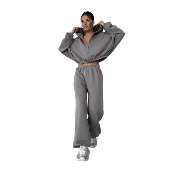 Damen Lounge-Set Cropped-Zip-Hoodie mit Oversize-Ärmeln und High-Waist Palazzo-Jogger – Élanora