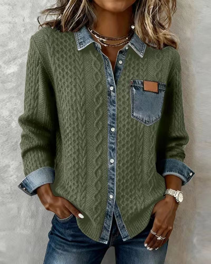 Damen nan geflochtener Strickpullover mit integriertem Jeanskragen und Brusttasche Echo Archiv