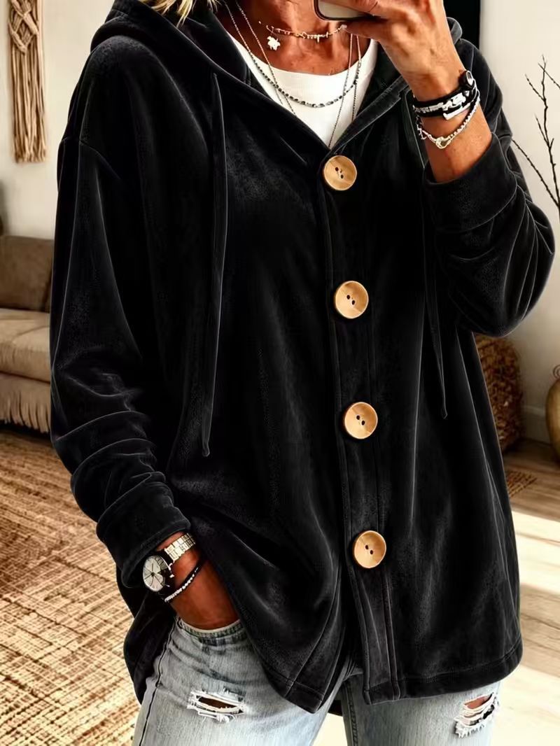 Damen Oversize Kapuzen-Samtjacke mit großen Holzknöpfen und weichem Veloursfutter Echoarchiv