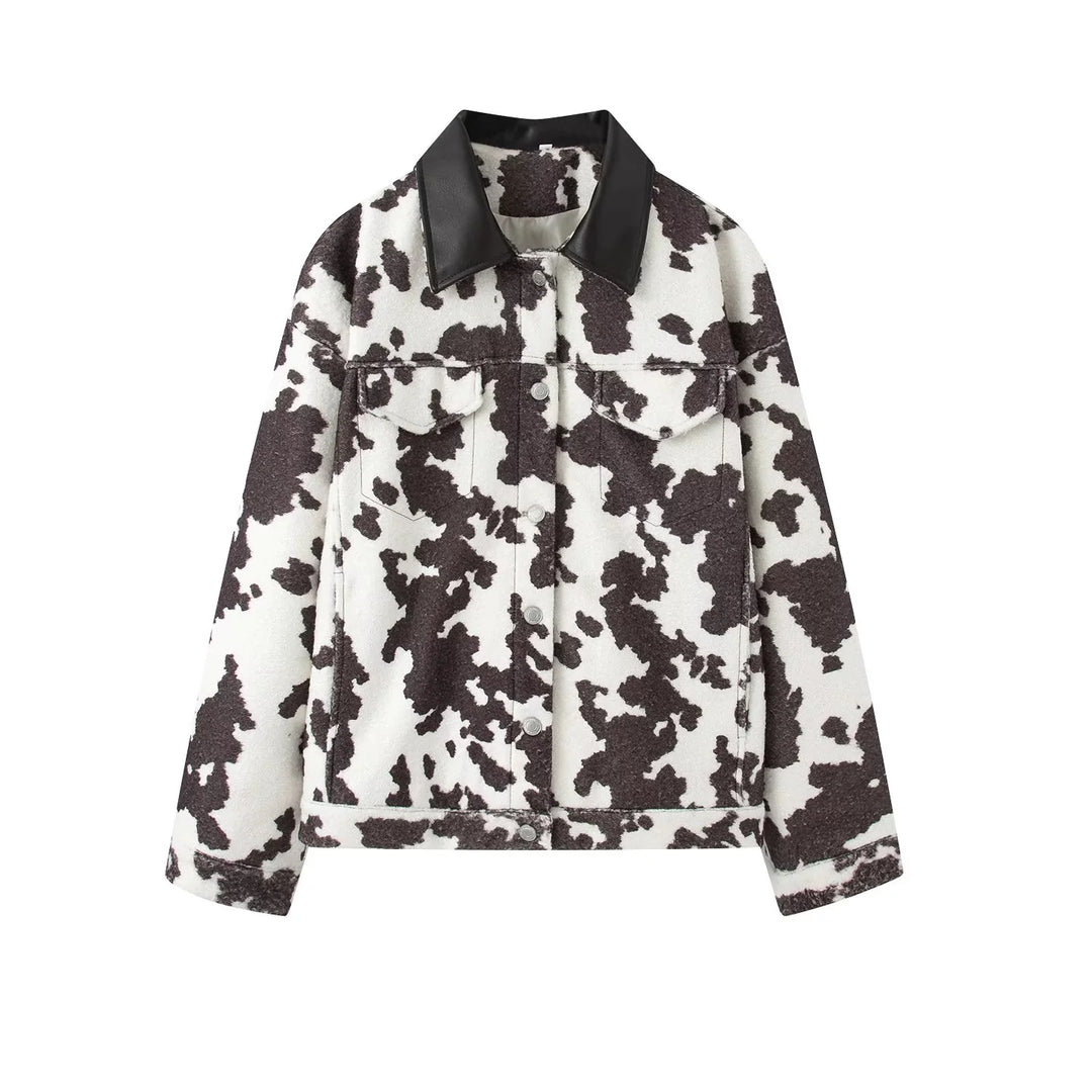 Damen nan oversized Teddyjacke mit Kuhflecken-Print und Lederimitat-Kragen Echo Archiv