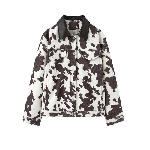 Damen nan oversized Teddyjacke mit Kuhflecken-Print und Lederimitat-Kragen Echo Archiv