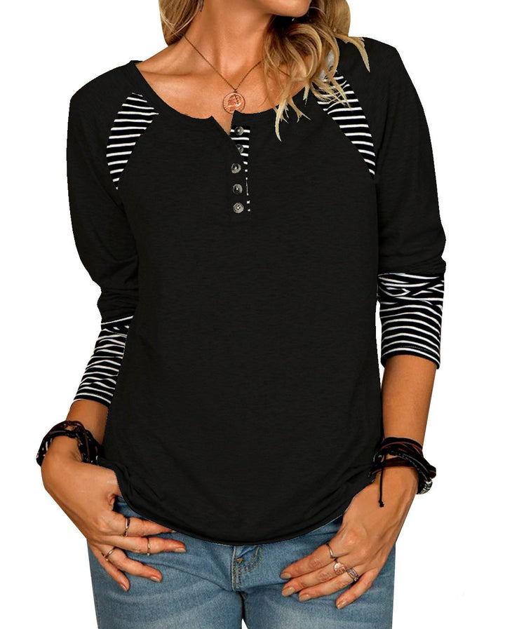 Damen Lässiges Raglan-Henley-Shirt mit Knopfleiste und gestreiften Ärmelbündchen – Orélia