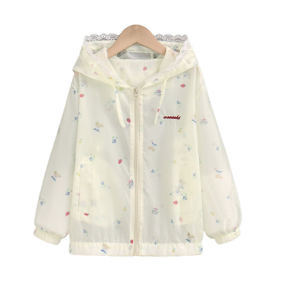 Damen nan leichte Kapuzen-Sommerjacke mit Spitzenbesatz, zartem Allover-Print und Reißverschluss Echo Archiv