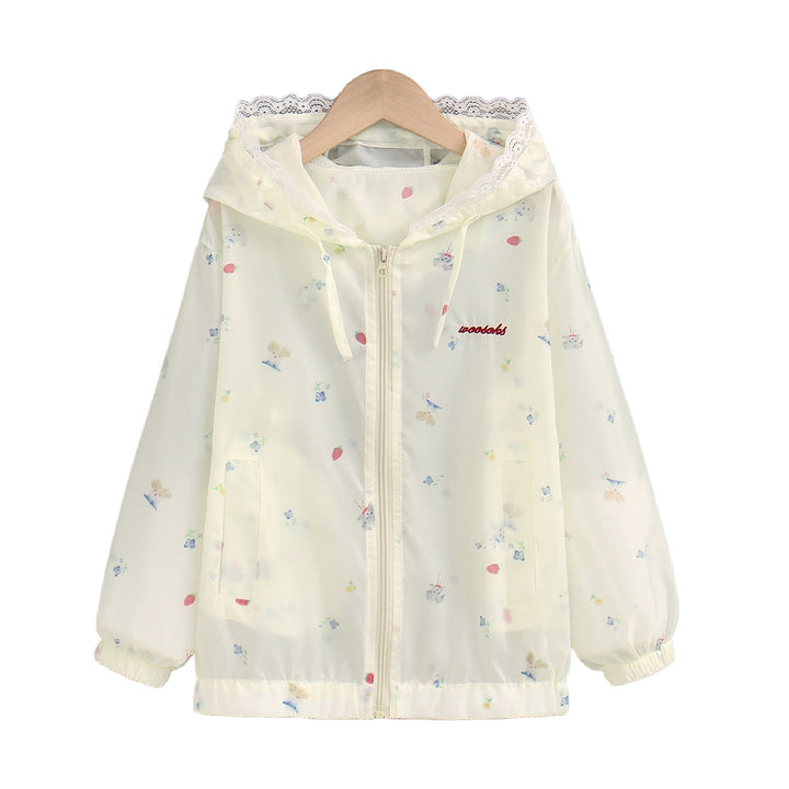Damen nan leichte Kapuzen-Sommerjacke mit Spitzenbesatz, zartem Allover-Print und Reißverschluss Echo Archiv
